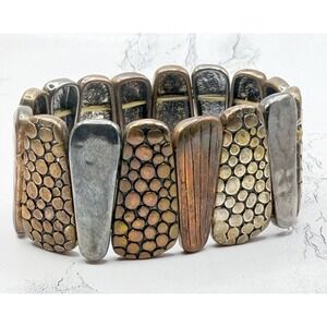 Mixed Metal Stretch Bracelet Textured Panel Wide Boho Statement